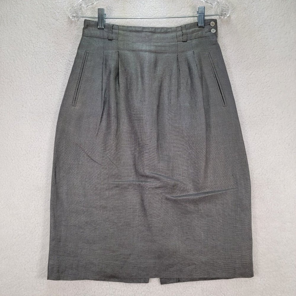 Vintage Liz Claiborne Gray Pure Linen High Waist Pleated Unique Pencil Skirt